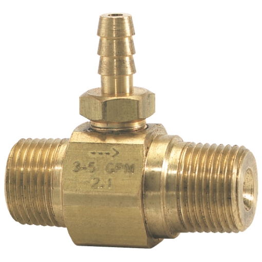 Picture of Downstream Chemical Injector, Standard Draw (10%), 5.0 to 8.0 GPM, 4250 PSI Viton® O-ring, 1/4" Hosebarb x 3/8" Inlet x 3/8" Outlet