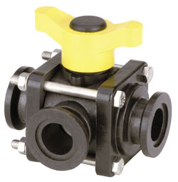 Picture of 3-Way Ball Valve, Side Load Manifold, Polypropylene, 1" Flanges, 1" Thru Ball, T Handle Type