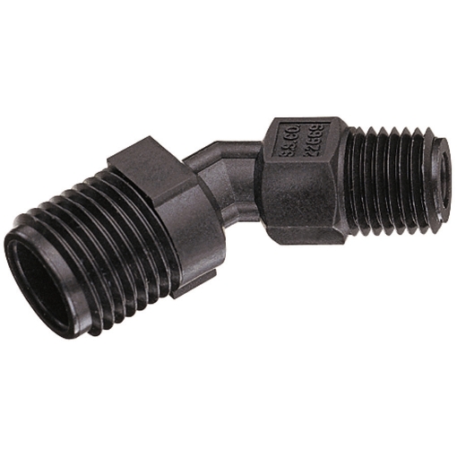 Picture of 45 Degree Elbow Nozzle Adapter, 1/4" MPT x Standard 11/16"-16 Male Thread